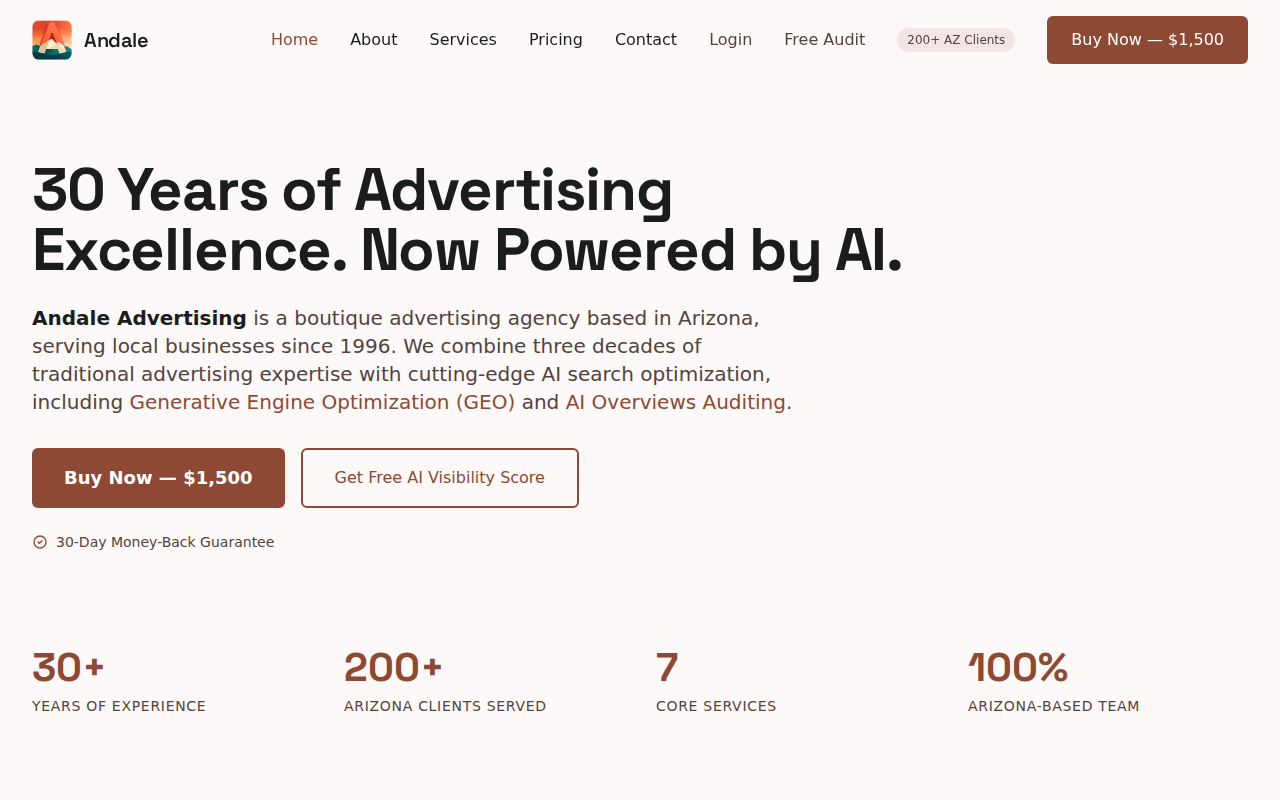 Andale Advertising — live agency SaaS homepage